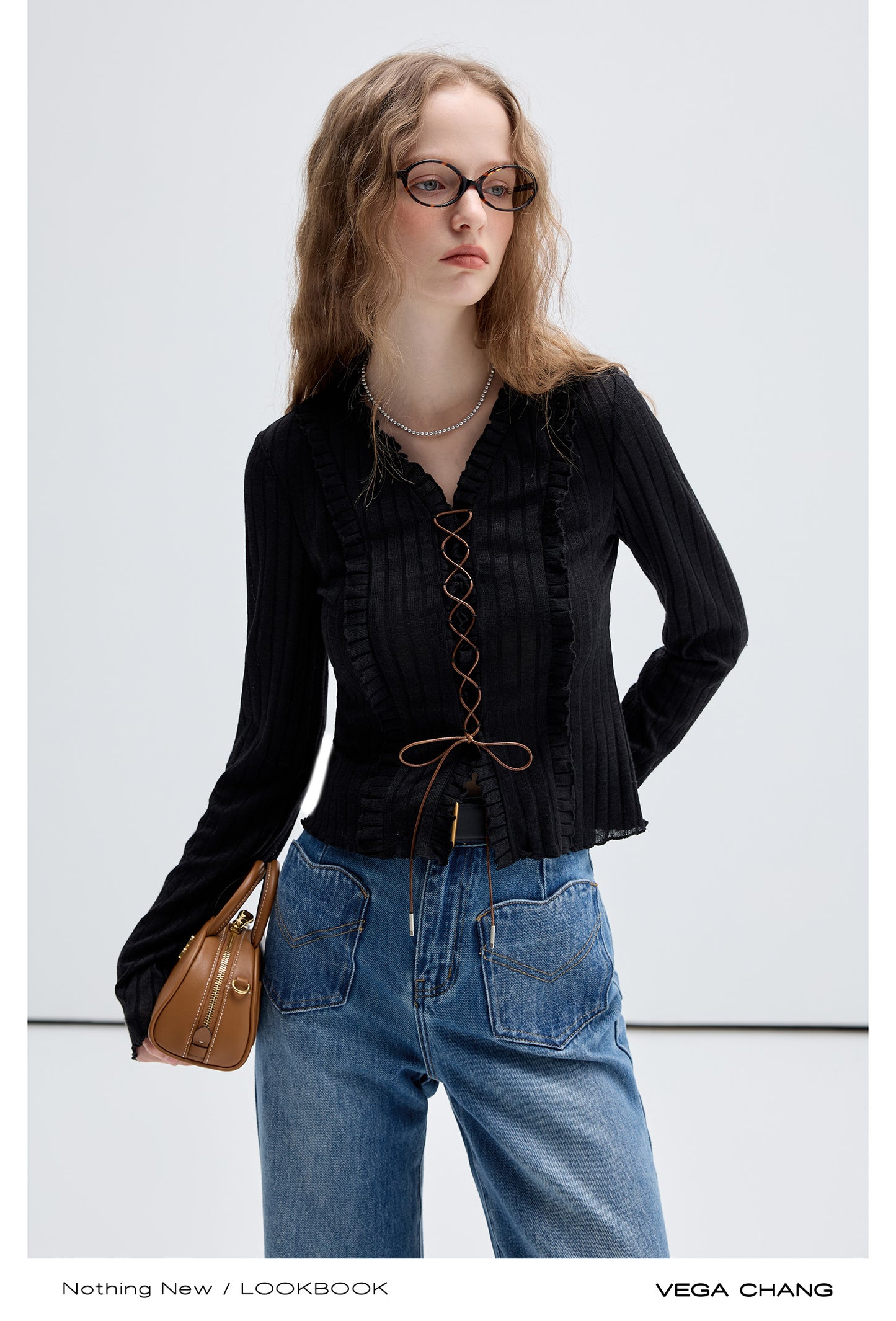 Frilled Lace-Up Rib Knit Top