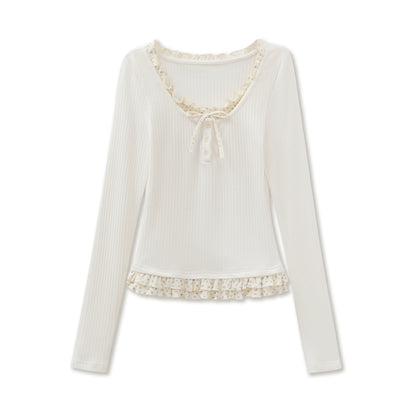 Layered-Look Rib Knit Top With Small Floral Frills