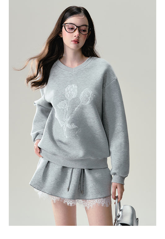 Flower Lace V-Neck Sweatshirt And Matching Skirt