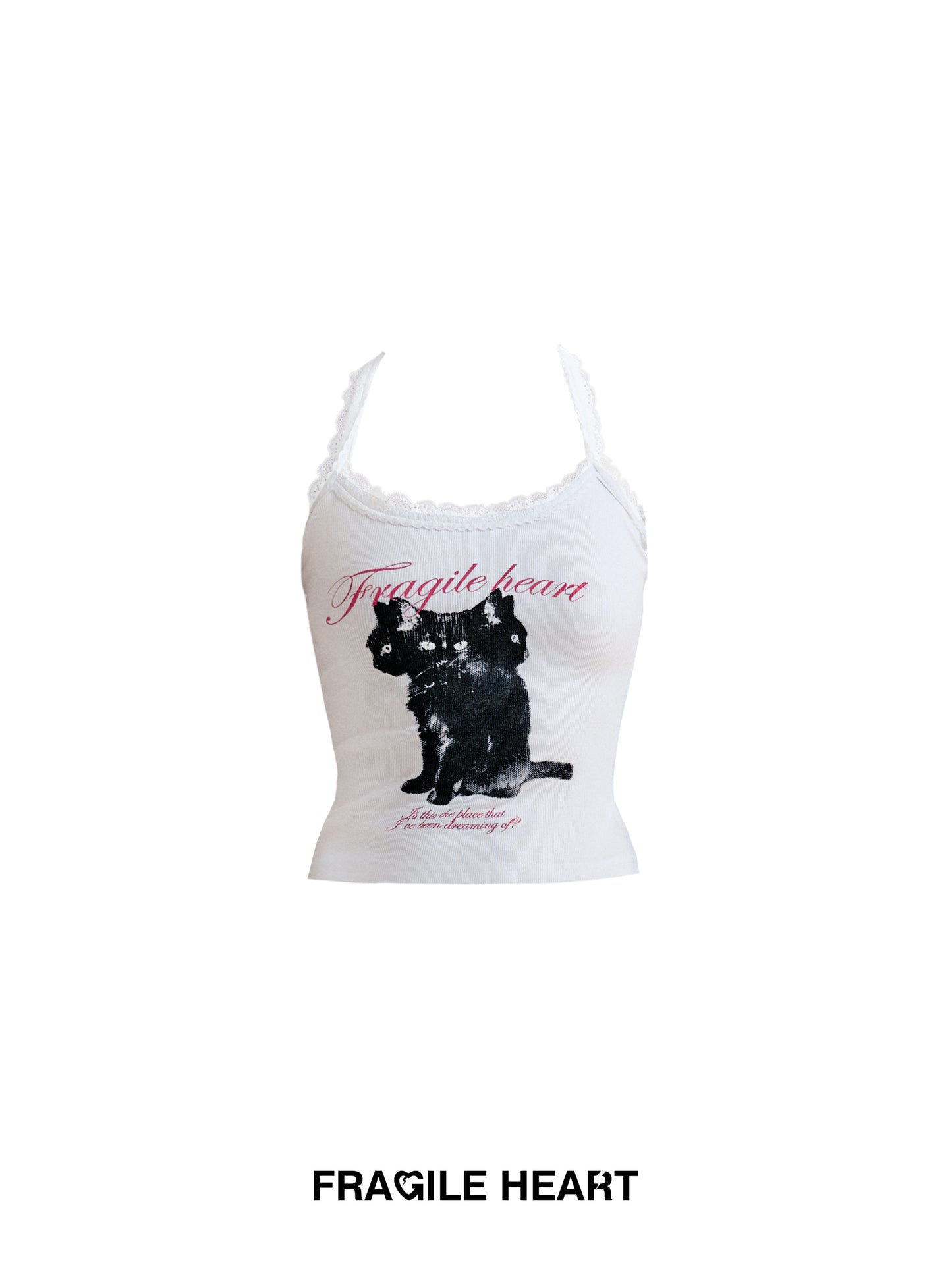 Cat Print Racerback Cotton Rib Lace Cami Top