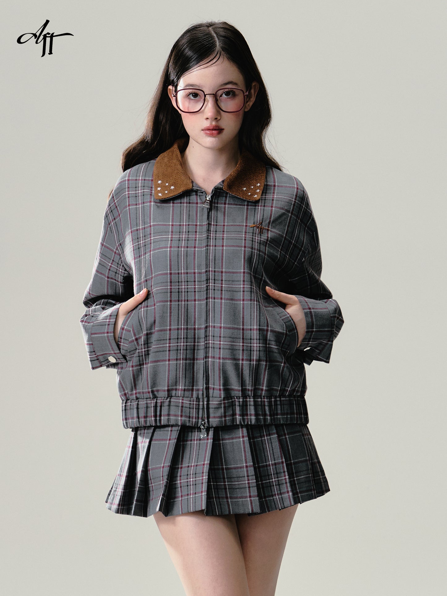 Plaid Zip-Up Jacket And Pleated Skirt Outfit