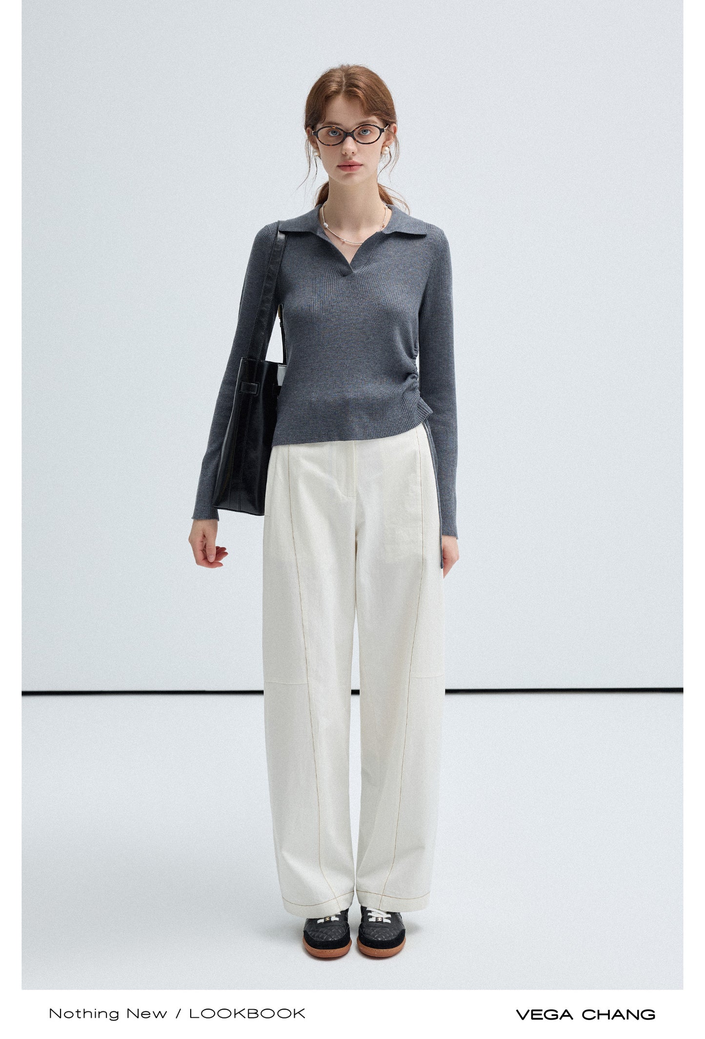 Plain Polo Rib Knit Top And Flared Slim Pants