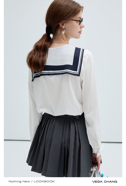 Emblem Embroidered Sailor Collar Tie Neck Shirt