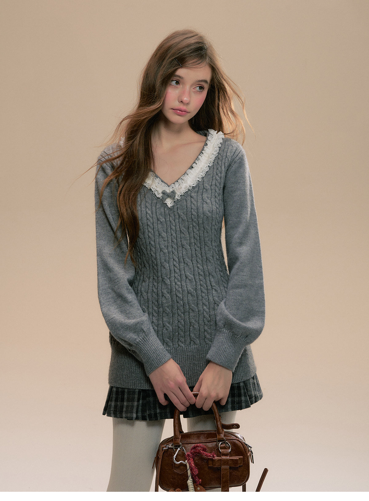 Frilled V-Neck Cable Knit Sweater