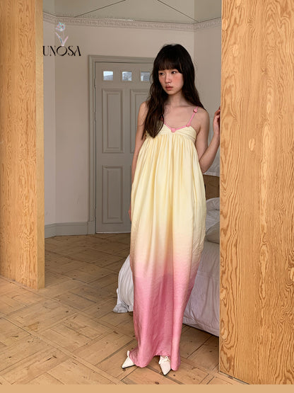 Flower Neck Sunset Gradient Long Camisole Dress