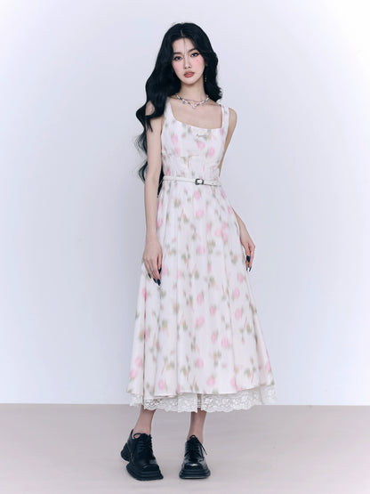 Peach Rose Floral Blurred Print Long Tank Dress With Lace Hem