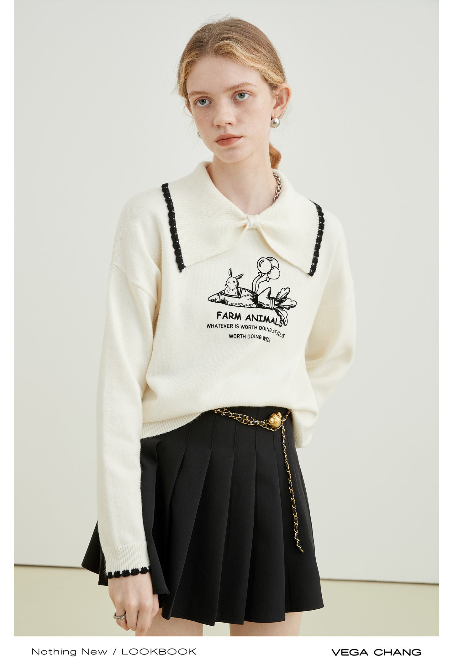 Two-Tone Rabbit Printed Bow Collar Knit Top