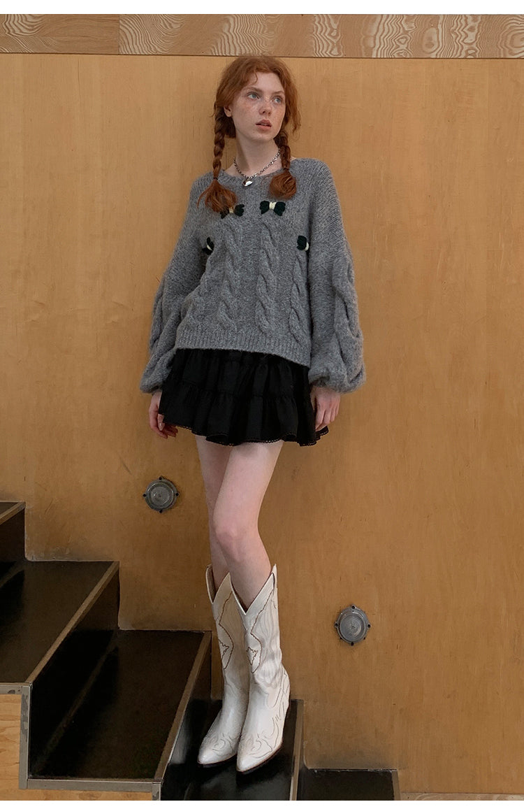 Bow Accent Drop Shouldered Knit Sweater