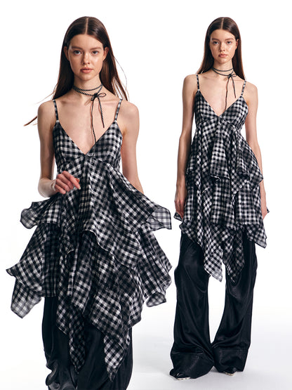 Asymmetric Gingham Check Layered Camisole Dress