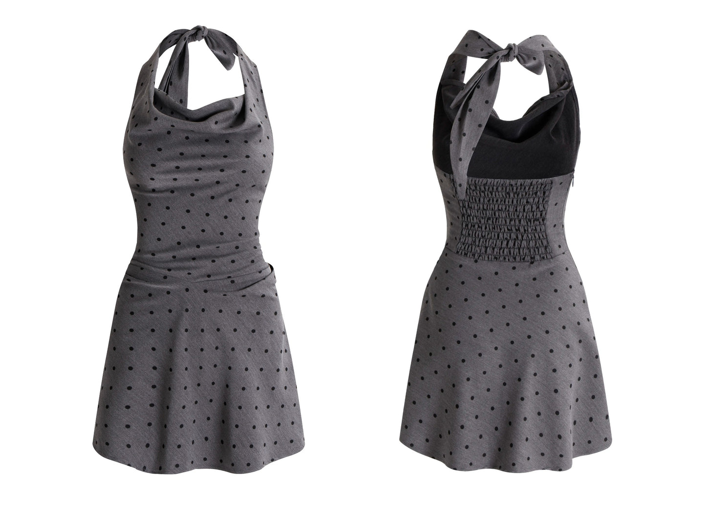 Draped Halter Neck Backless A-Line Dot Mini Dress