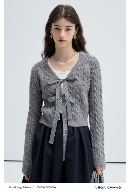 Cable Knit Cardigan With Gingham Ribbon Ties