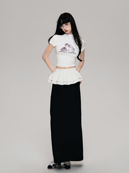 Contrast Color Back Slit Long Peplum Skirt