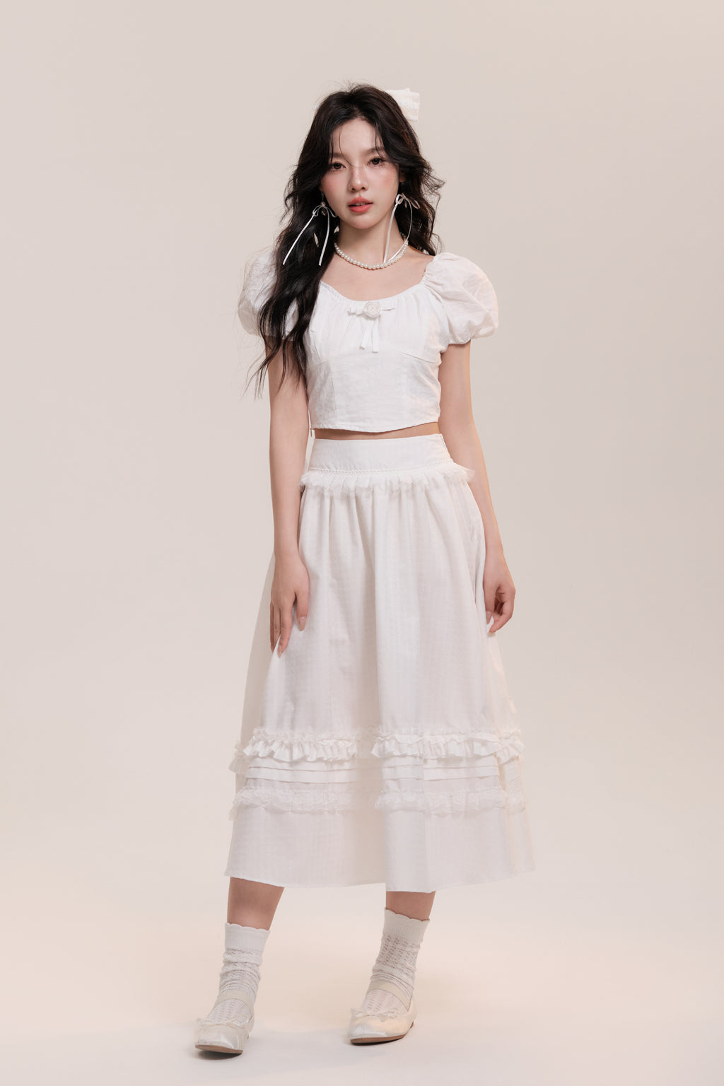 Rose Checkered Puff Sleeve Top And Frilled Skirt