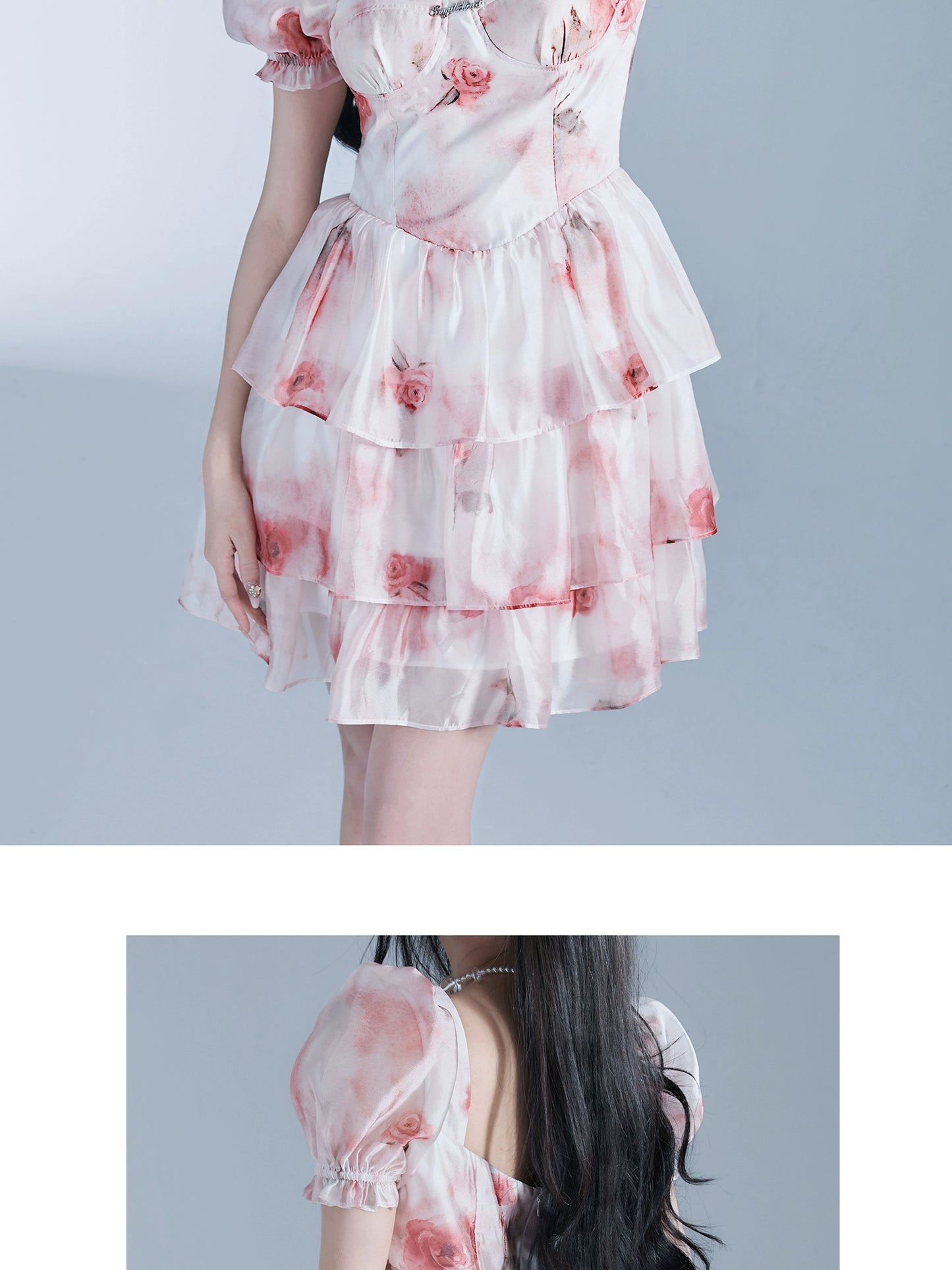 Rose Print Puff Sleeve Ruffled Glossy Chiffon Dress