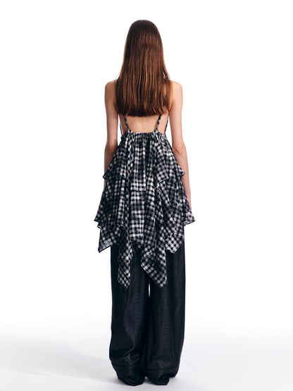 Asymmetric Gingham Check Layered Camisole Dress