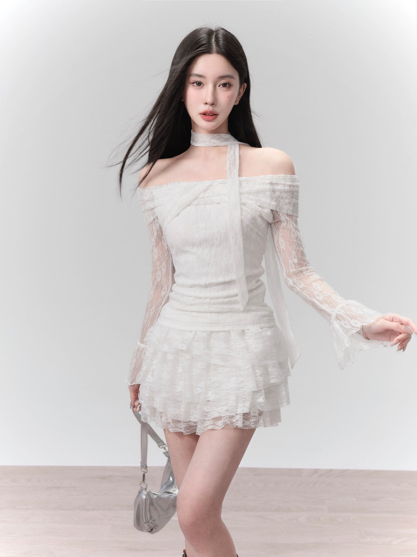 Lace Flared Cuff Top And Ruffled Mini Skirt With Neck Tie