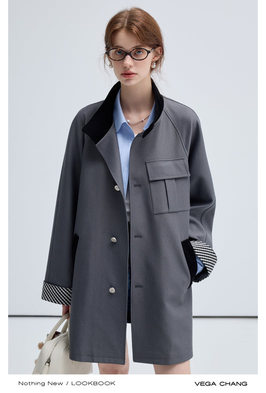 Oversize Stand Collar Checkered Cuff Coat