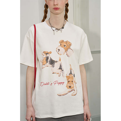 Illustrated Dog Print Round Neck Cotton T-Shirt