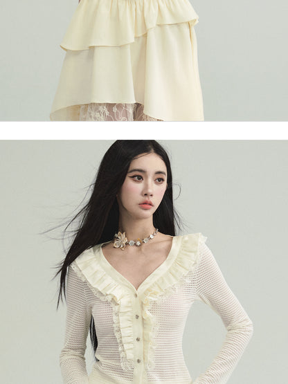 Slim Fit Ruffled Neck Mesh Knit Cardigan