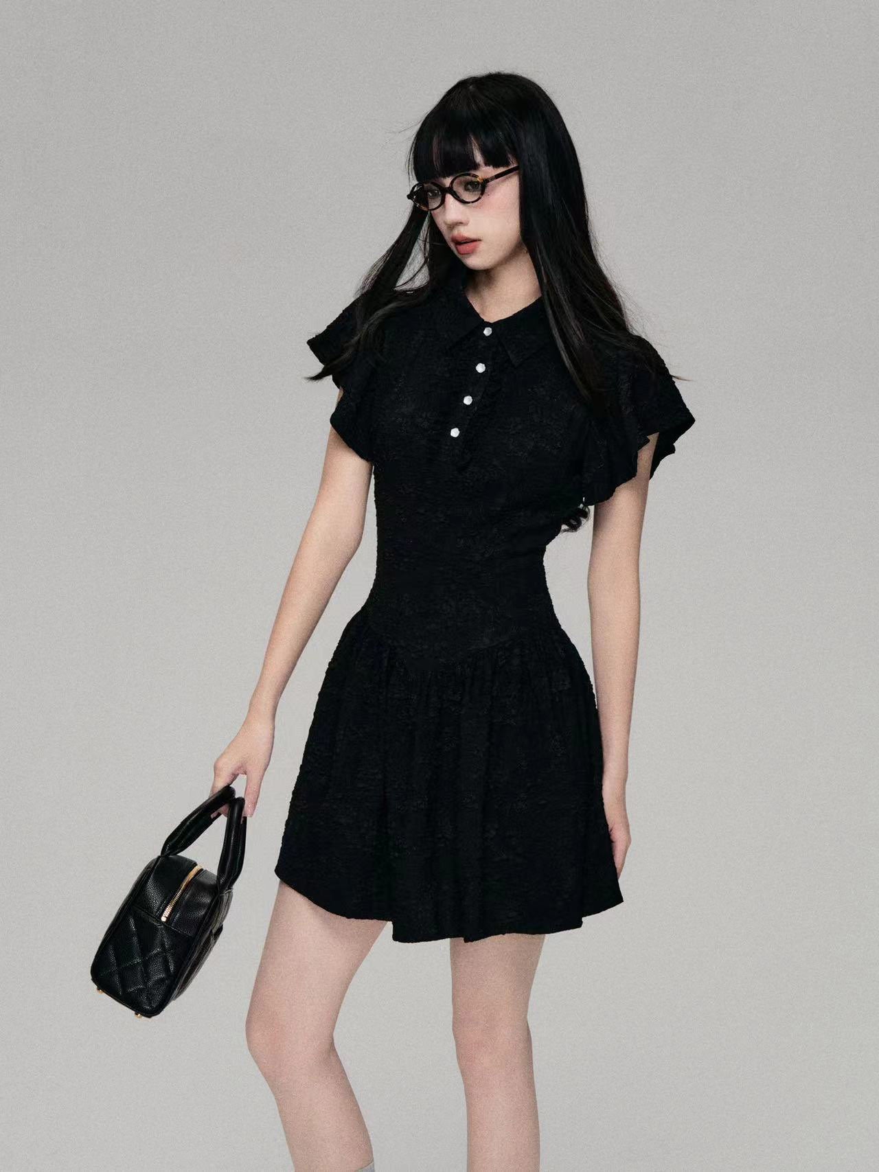 Textured Jacquard Butterfly Sleeve Mini Dress