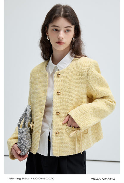 Bow Detail Collarless Tweed Wool Blend Jacket