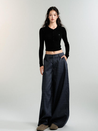 Low Rise Plaid Wide-Leg Straight Trousers