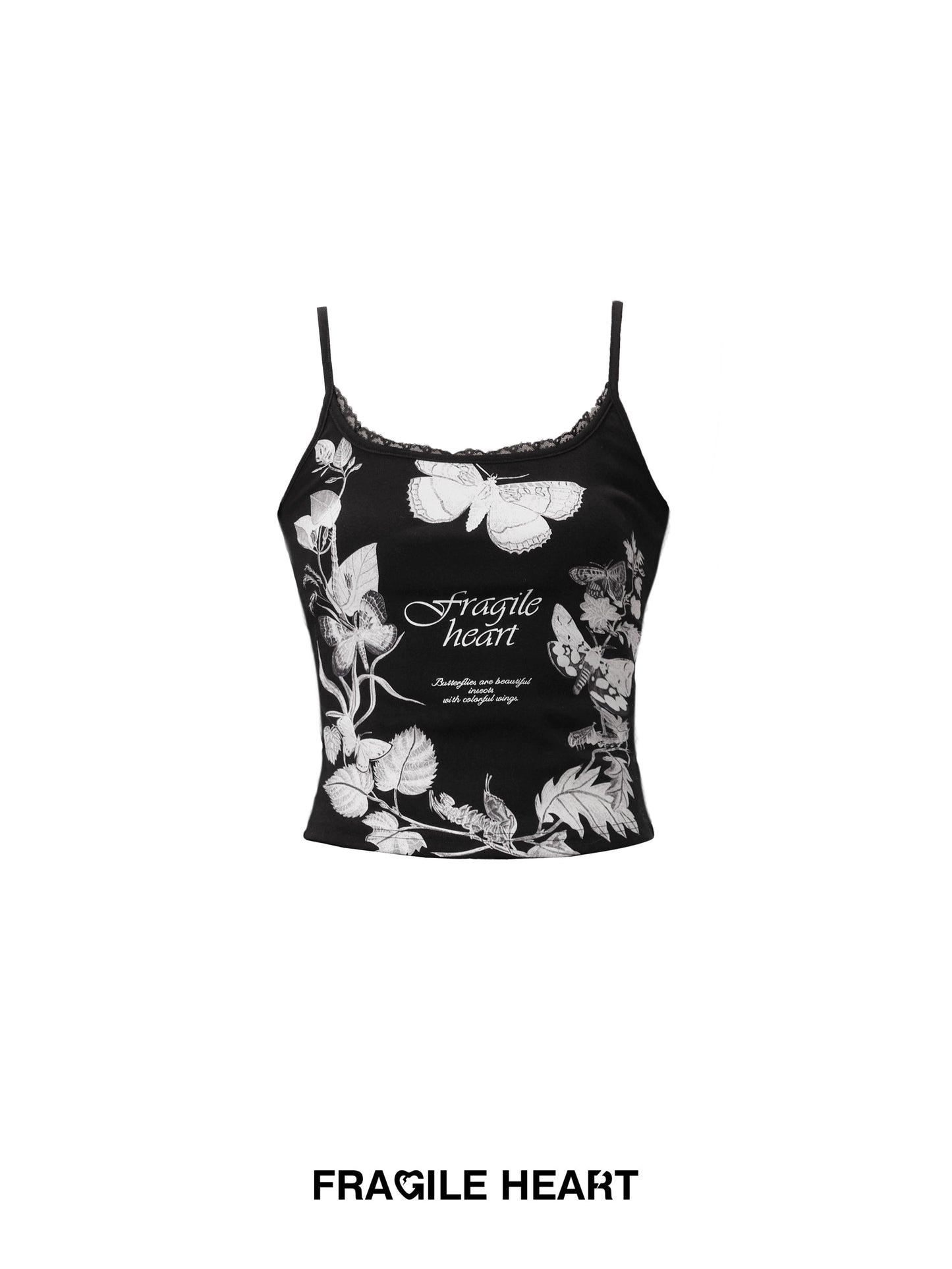 Butterfly Print Lace Trimmed Elastic Camisole Top