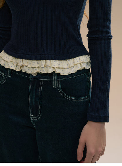 Layered-Look Rib Knit Top With Small Floral Frills