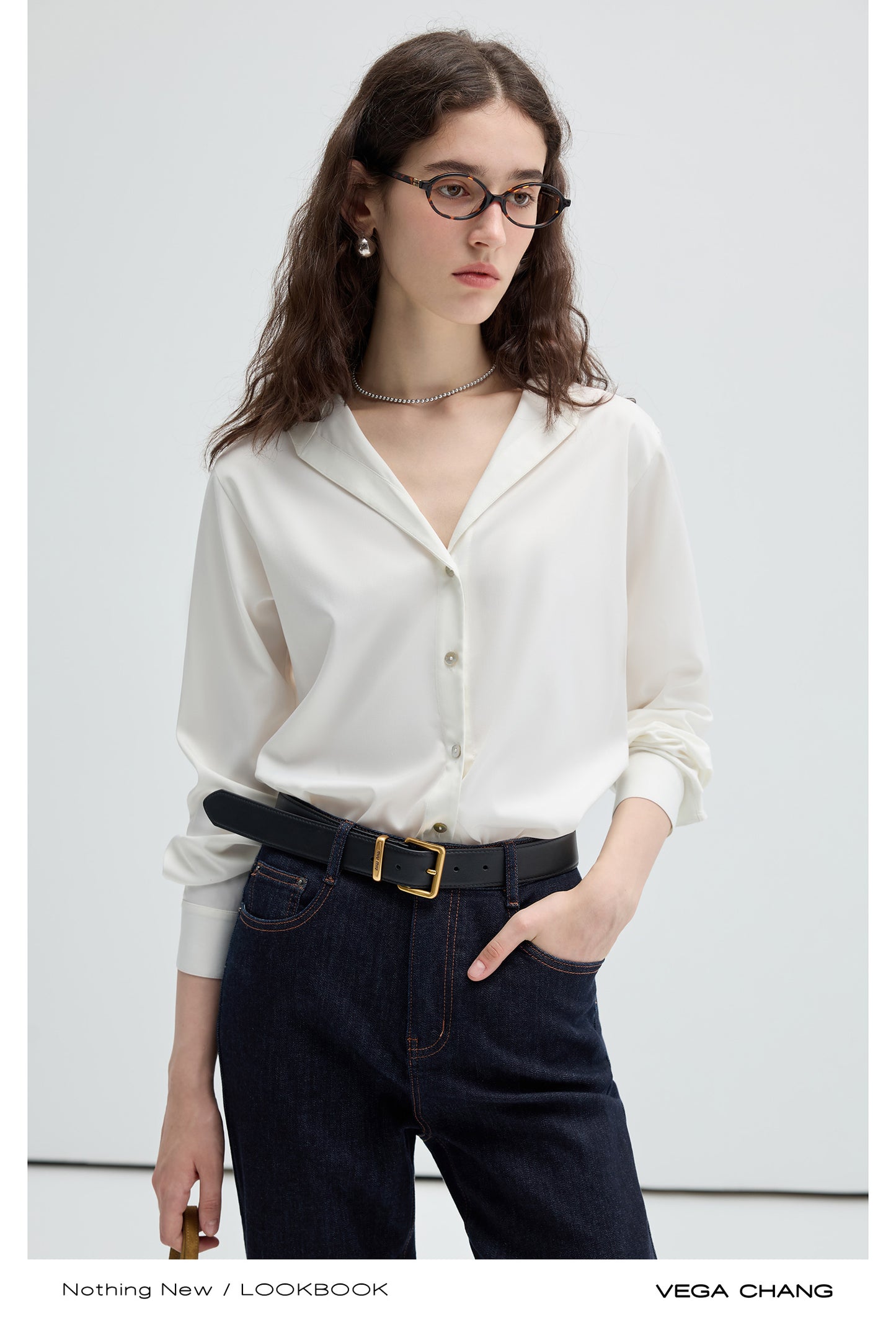 Open Collar V-Neck Cotton Woven Shirt