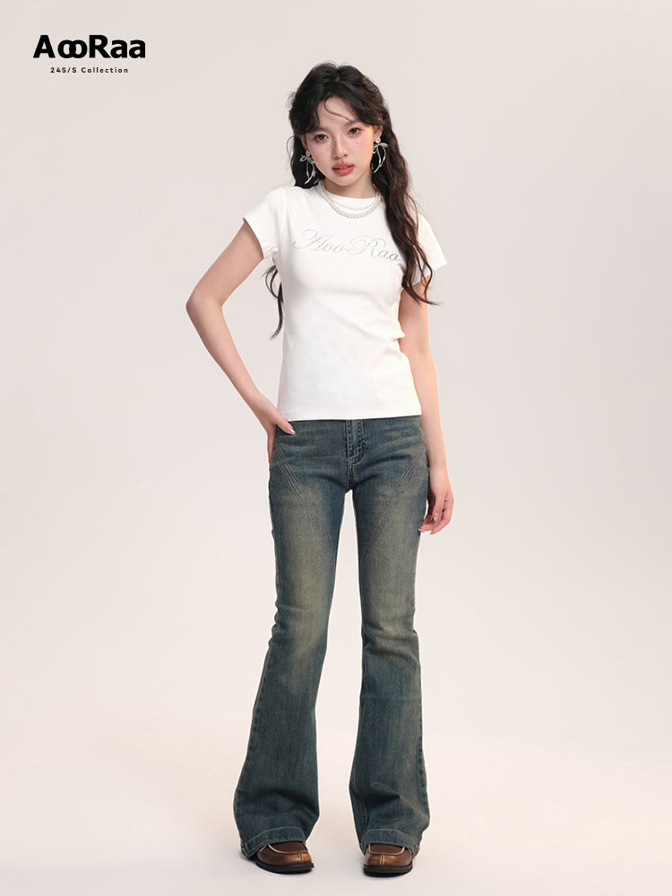 Rhinestone Letter Round Neck Cotton Basic T-Shirt