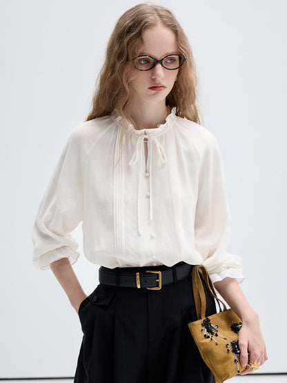 Frilled Trim Pin Tuck Blouse With Covered Buttons