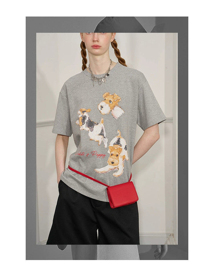 Illustrated Dog Print Round Neck Cotton T-Shirt