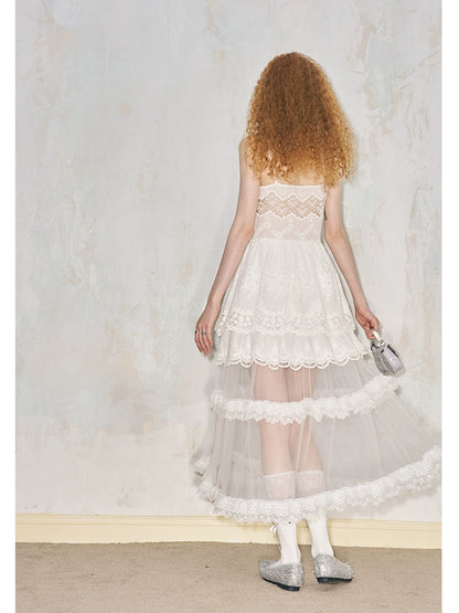 See-Through Embroidered Lace Long Tulle Organdy Dress