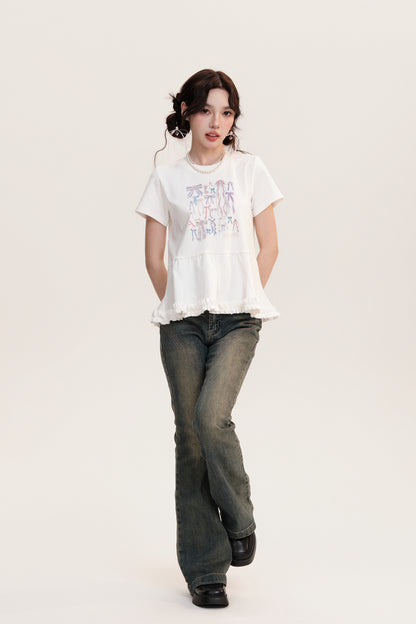 Illustrated Bows Print Frilled Hem T-Shirt