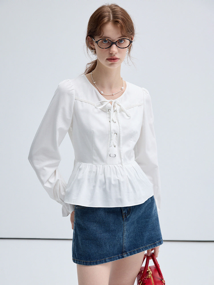 Cross Lace Up Puff Sleeved Blouse