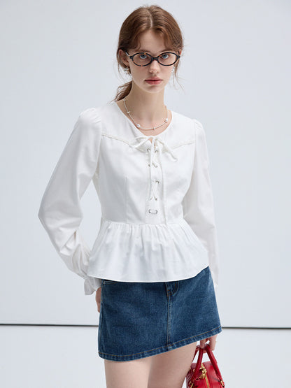 Cross Lace Up Puff Sleeved Blouse