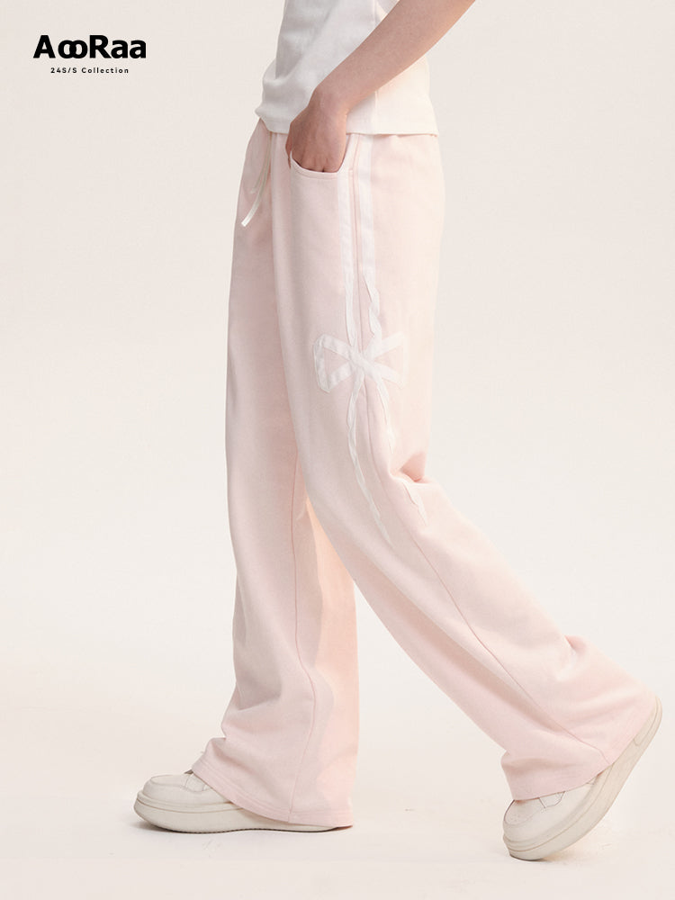 Lace Bow Patched Straight Wide Leg Sweatpants