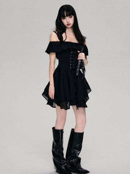 Off Shoulder Lace-Up Glossy Chiffon Dress