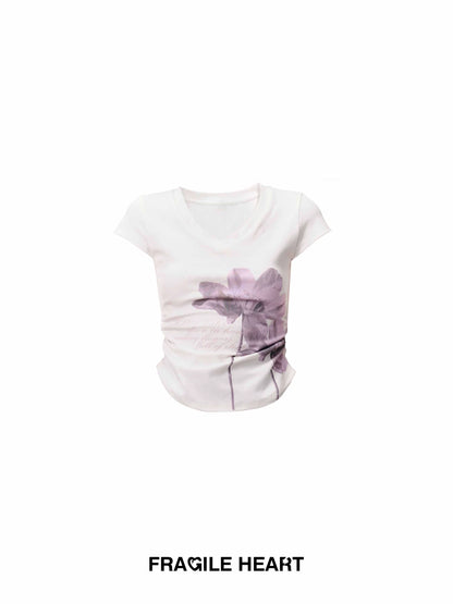 Lily Floral Print V-Neck Slim Fit Ruched T-Shirt