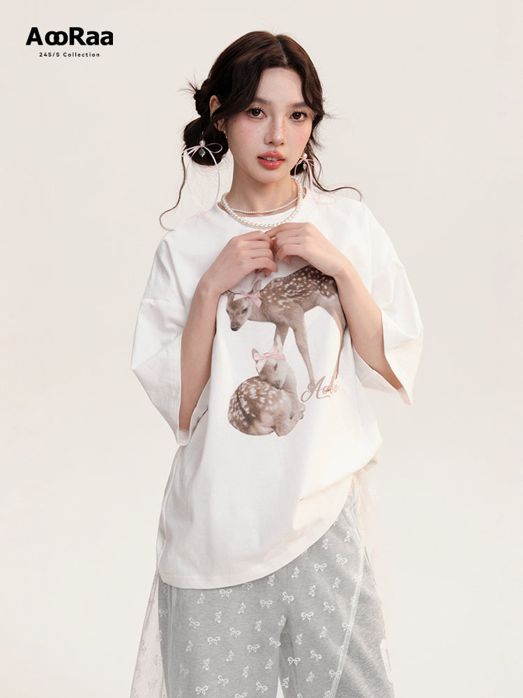 Oversized Deer Print Round Neck Cotton T-Shirt