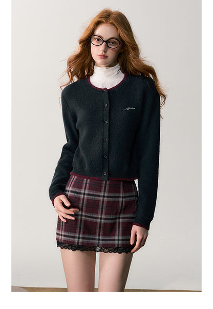 Lace-Trim Plaid Brushed Mini Skirt