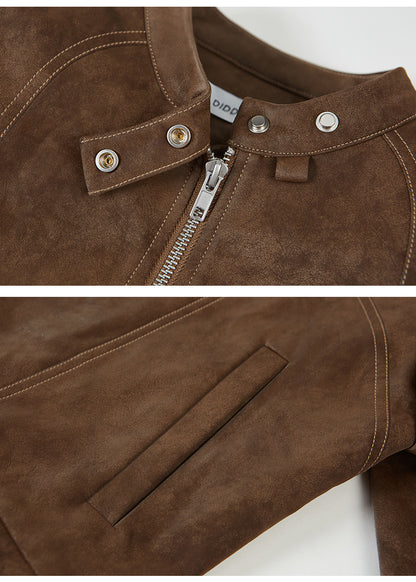 Contrast Stitch Faux Suede Motorcycle Jacket