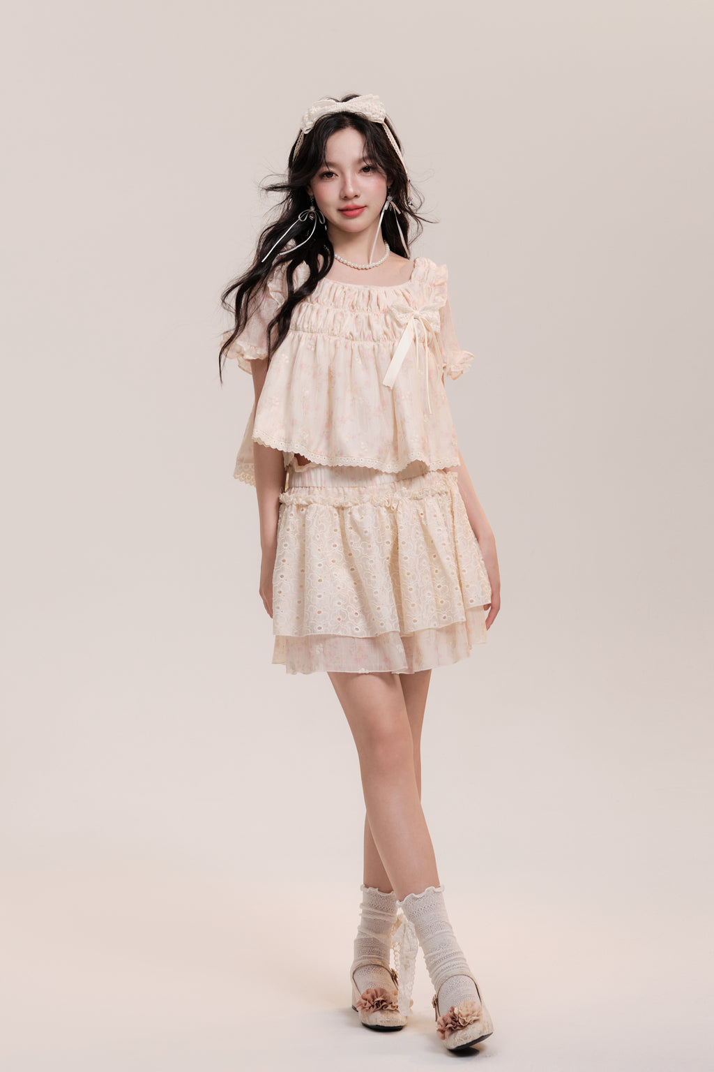 Floral Shirred Blouse And Short Eyelet Lace Skirt