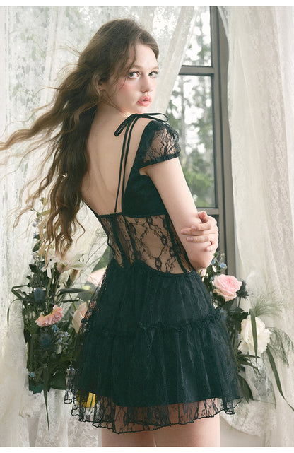 Open Back See-Through Lace Strapped Dress