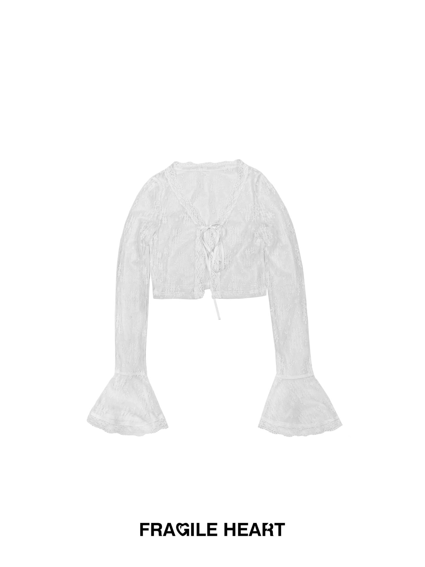 See-Through Cropped Lace Cardigan With Flared Cuffs