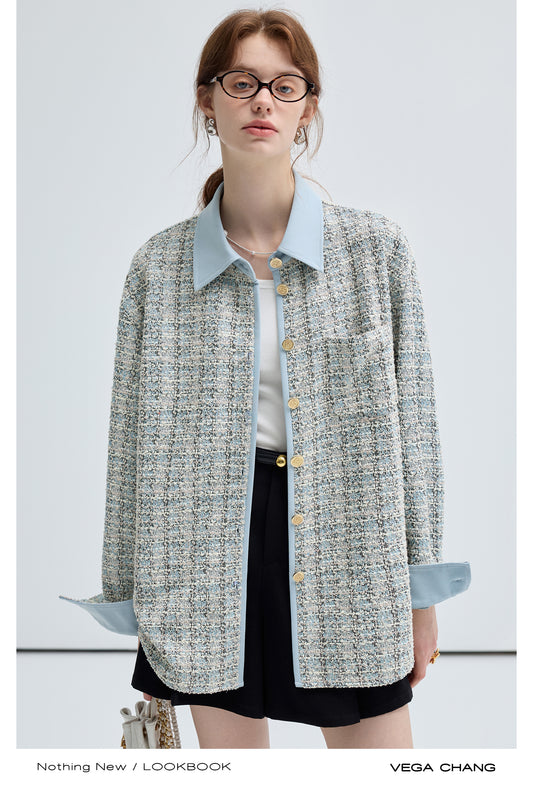 Straight Loose Fit Long Sleeved Tweed Shirt