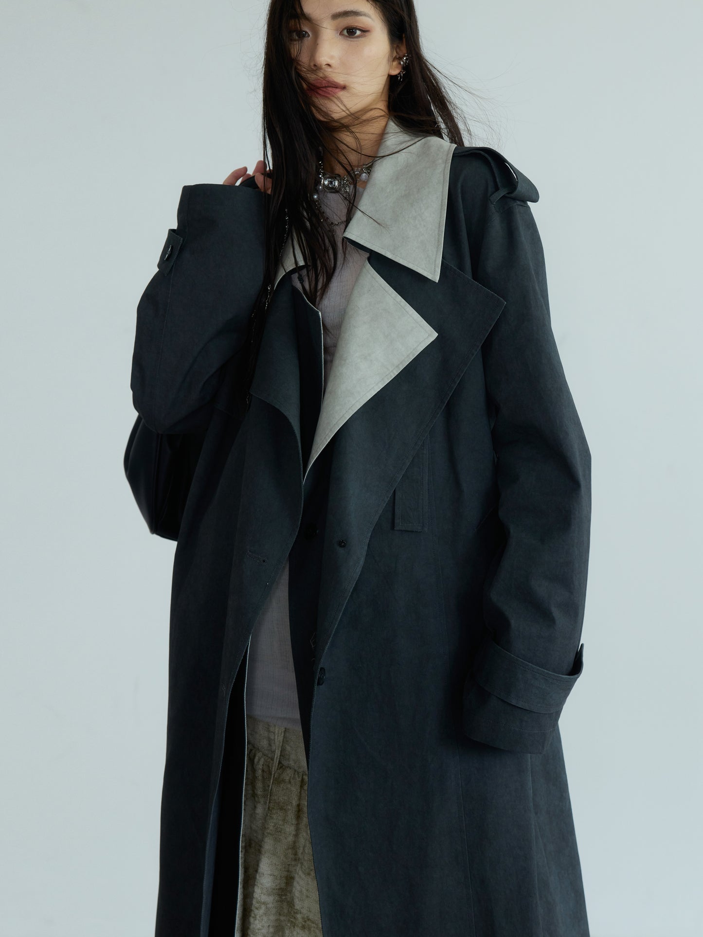 Two-Tone Belted Long Trench Coat