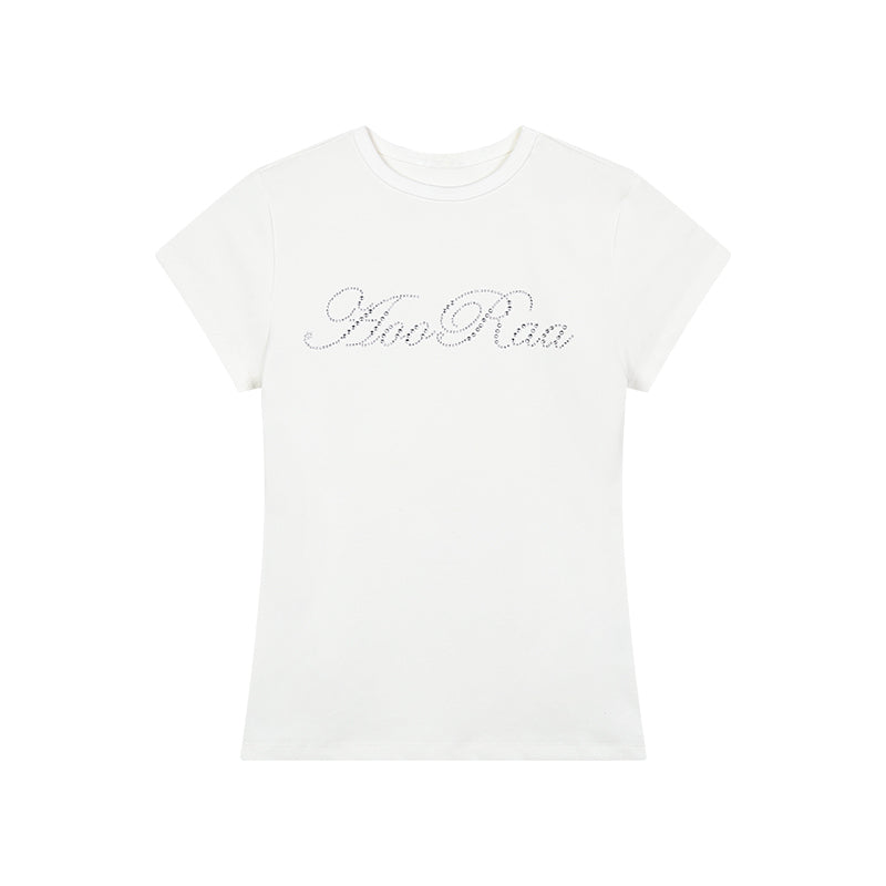 Rhinestone Letter Round Neck Cotton Basic T-Shirt