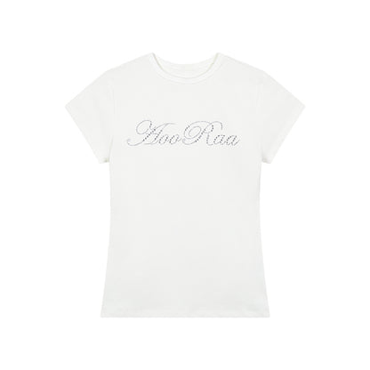 Rhinestone Letter Round Neck Cotton Basic T-Shirt