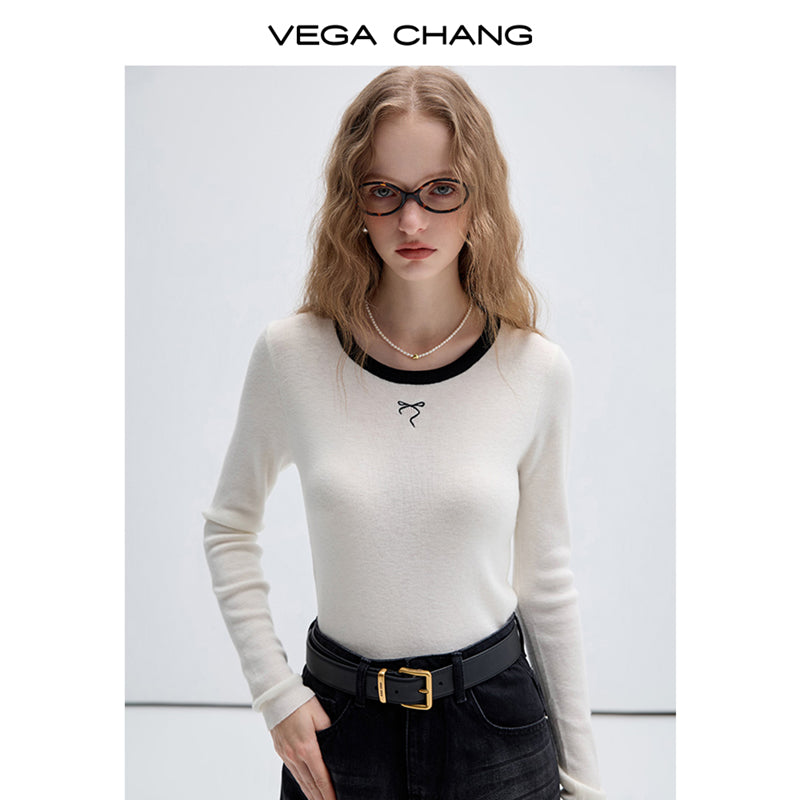 Wool Blend Bow Embroidery Contrast Knit Top